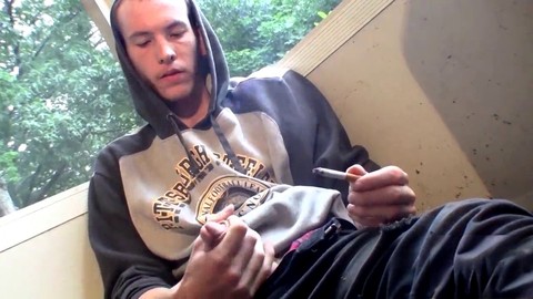 Hairy queer thug Jake Reid gets off while smoking outside
